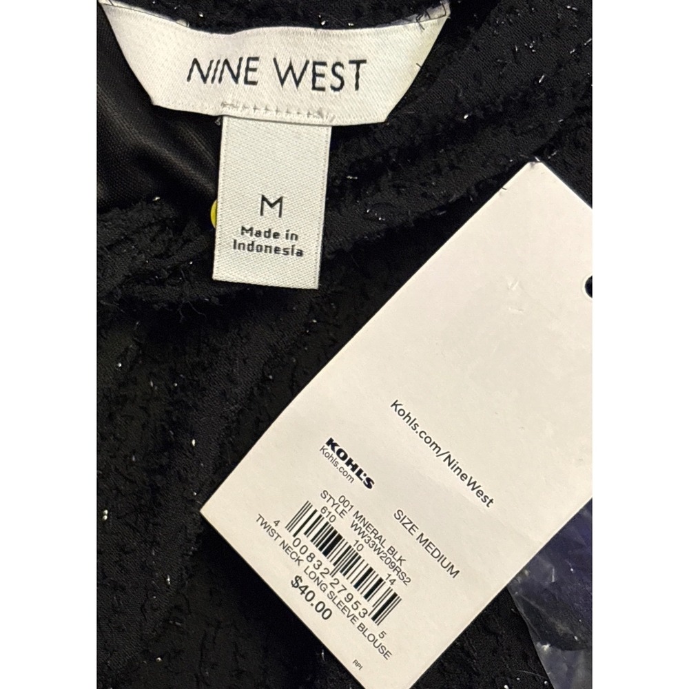NEW Nine West Womens Black Longsleeve Tie Neck Sparkle Blouse Top, Size M - Picture 6 of 9